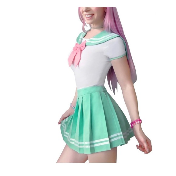 Women's Sailor School Girl Cosplay Costume Set Green White Pink Bow Sz 2XL - Picture 5 of 11